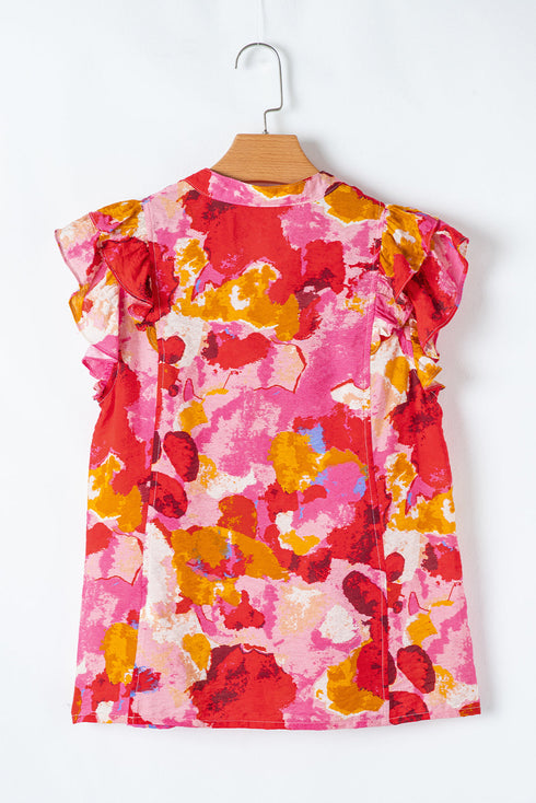 Abstract Print Split Neck Ruffle Sleeve Viscose Blend Blouse