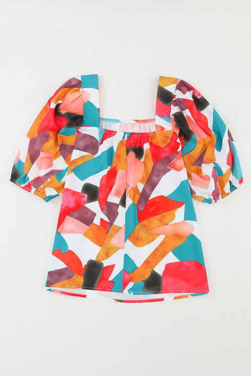 Abstract Print Square Neck Woven Short Sleeve Blouse