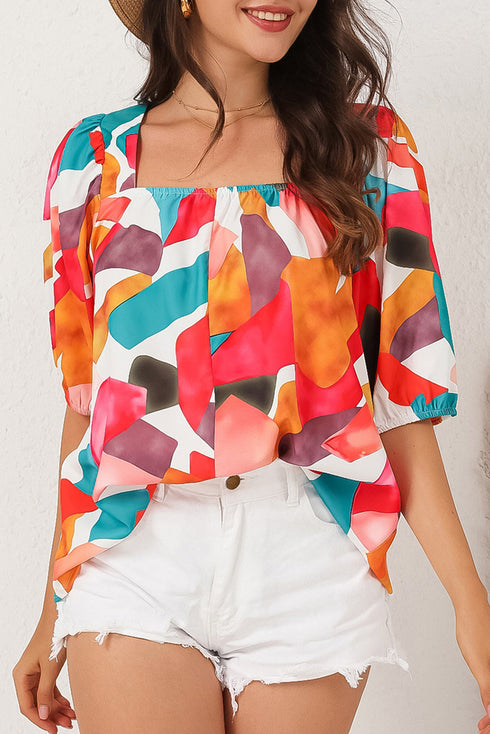 Abstract Print Square Neck Woven Short Sleeve Blouse