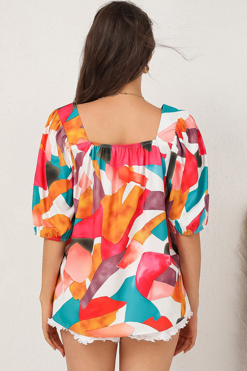 Abstract Print Square Neck Woven Short Sleeve Blouse