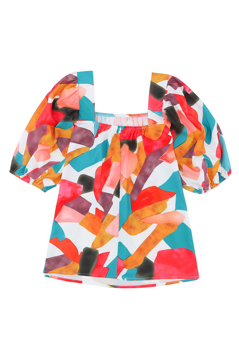 Abstract Print Square Neck Woven Short Sleeve Blouse