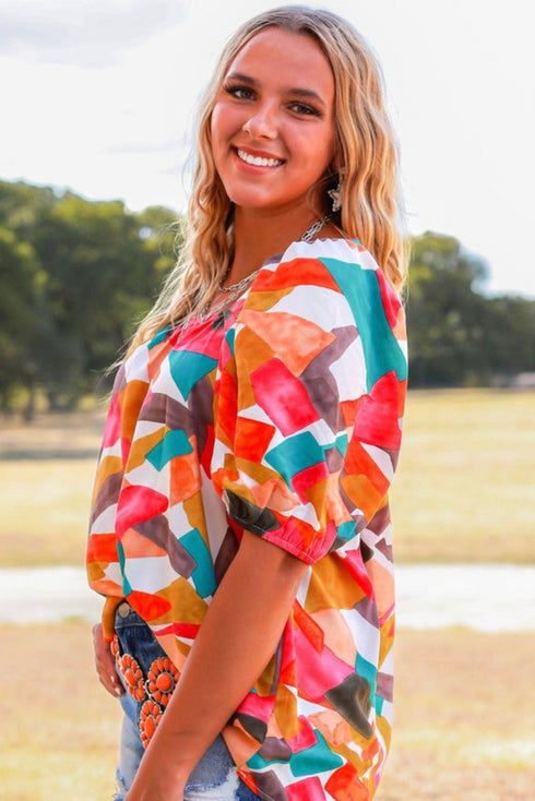 Abstract Print Square Neck Woven Short Sleeve Blouse