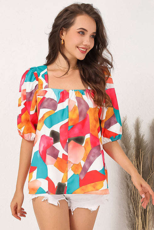 Abstract Print Square Neck Woven Short Sleeve Blouse