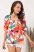Abstract Print Square Neck Woven Short Sleeve Blouse