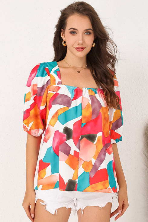 Abstract Print Square Neck Woven Short Sleeve Blouse