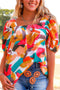 Abstract Print Square Neck Woven Short Sleeve Blouse