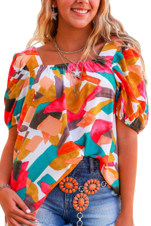 Abstract Print Square Neck Woven Short Sleeve Blouse