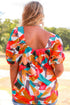 Abstract Print Square Neck Woven Short Sleeve Blouse