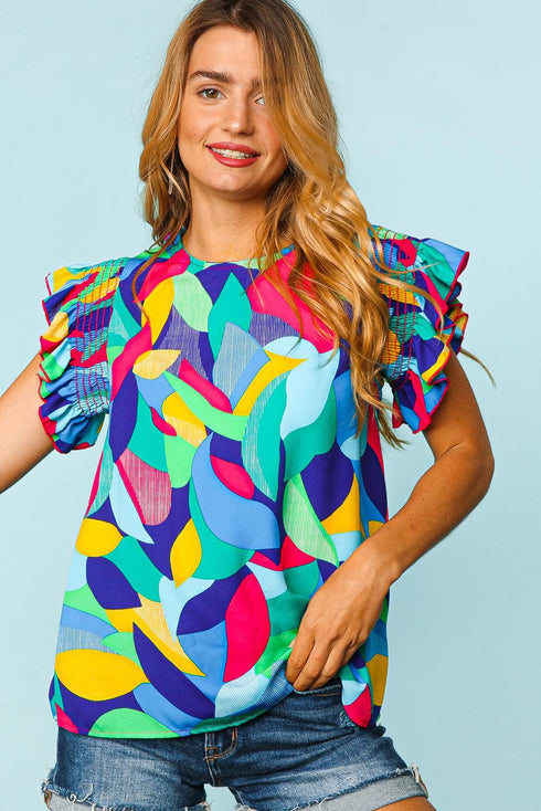 Abstract Print Stitching Ruffle Sleeve Blouse