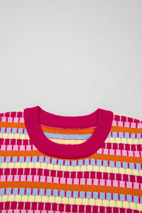 Abstract Print Striped Knit Short Sleeve Sweater