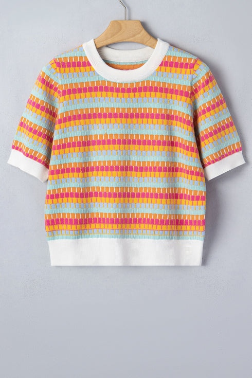 Abstract Print Striped Knit Short Sleeve Sweater