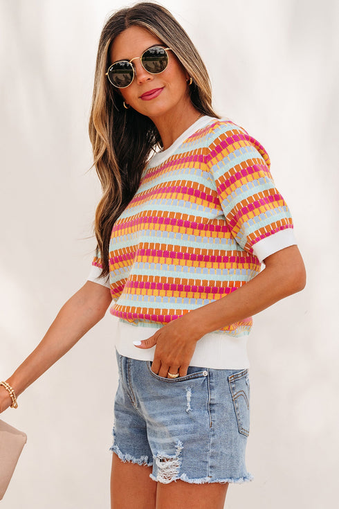 Abstract Print Striped Knit Short Sleeve Sweater