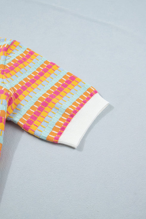 Abstract Print Striped Knit Short Sleeve Sweater