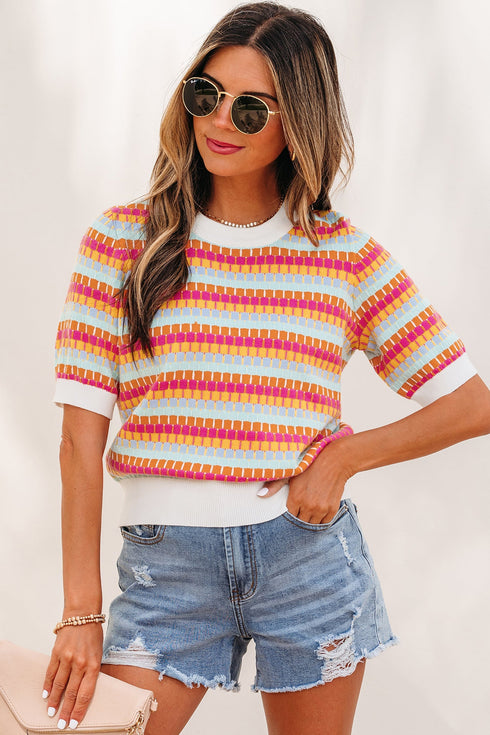 Abstract Print Striped Knit Short Sleeve Sweater