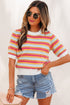 Abstract Print Striped Knit Short Sleeve Sweater
