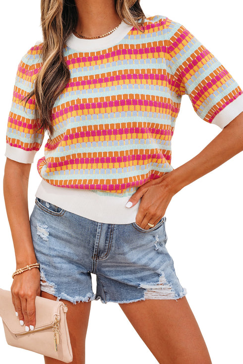 Abstract Print Striped Knit Short Sleeve Sweater