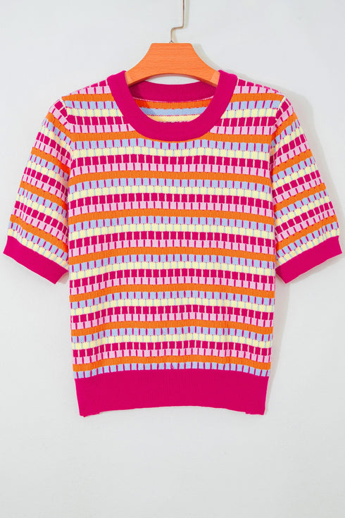 Abstract Print Striped Knit Short Sleeve Sweater