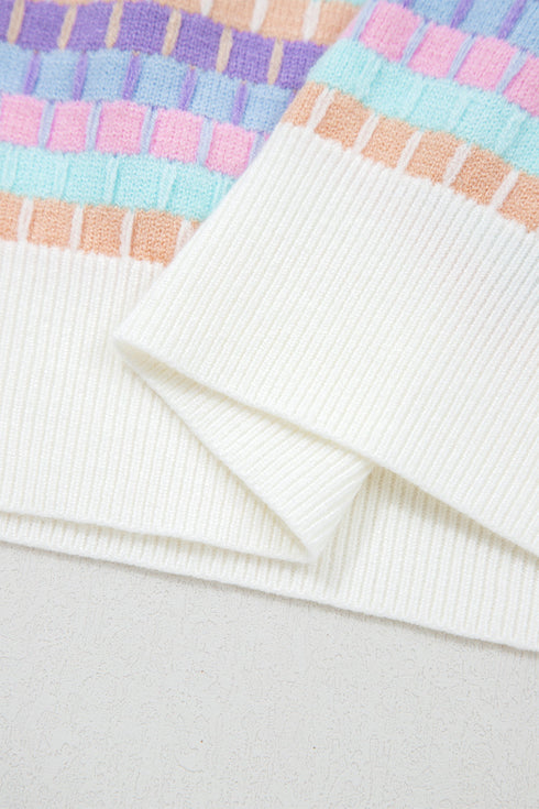 Abstract Print Striped Knit Short Sleeve Sweater