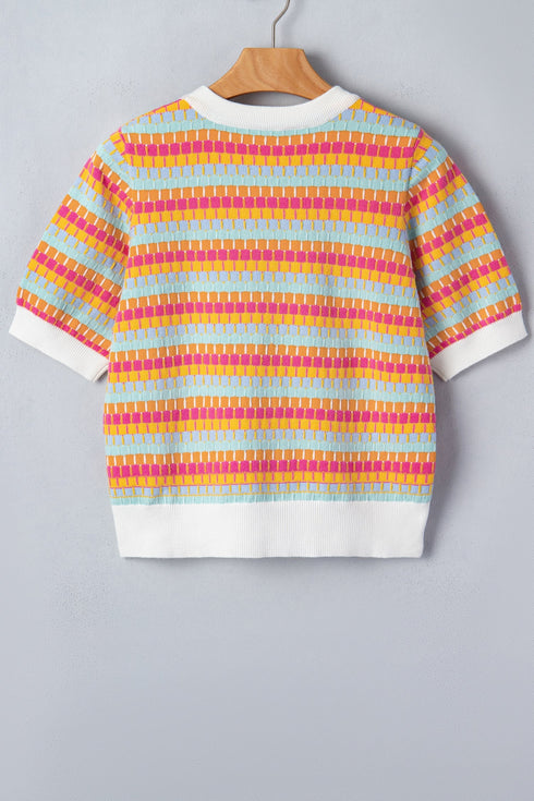 Abstract Print Striped Knit Short Sleeve Sweater