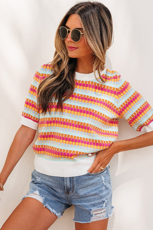 Abstract Print Striped Knit Short Sleeve Sweater