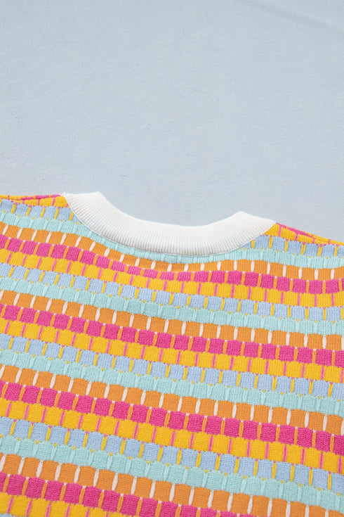 Abstract Print Striped Knit Short Sleeve Sweater
