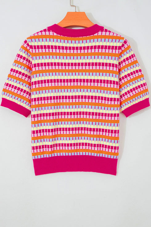 Abstract Print Striped Knit Short Sleeve Sweater