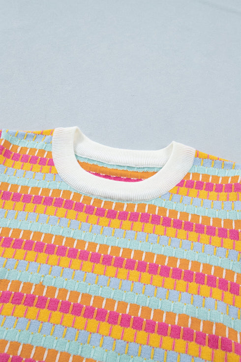 Abstract Print Striped Knit Short Sleeve Sweater
