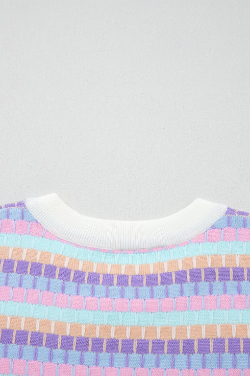Abstract Print Striped Knit Short Sleeve Sweater