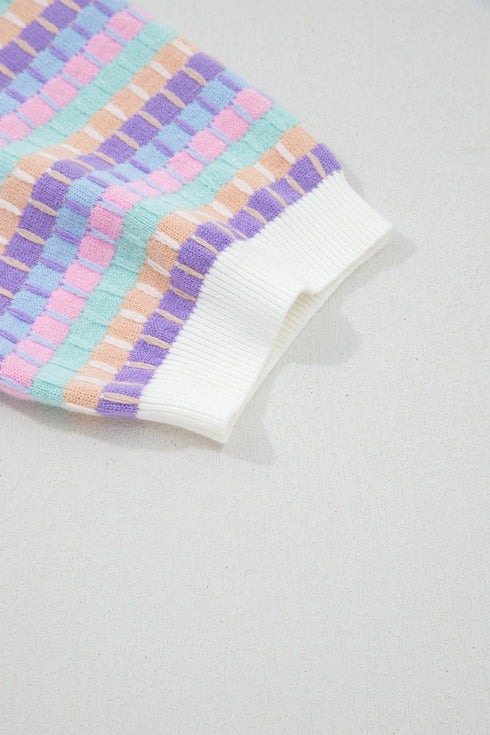 Abstract Print Striped Knit Short Sleeve Sweater