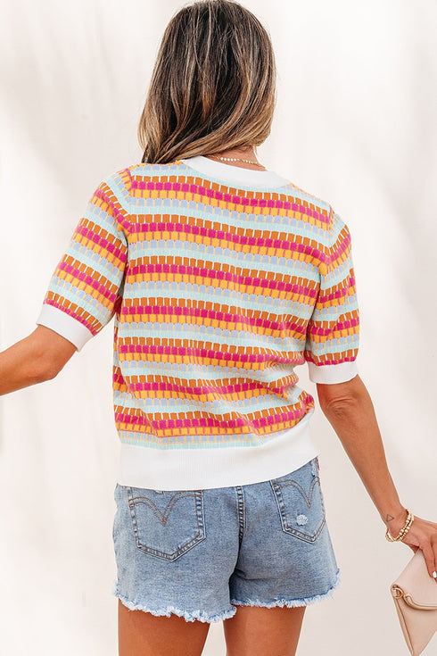 Abstract Print Striped Knit Short Sleeve Sweater