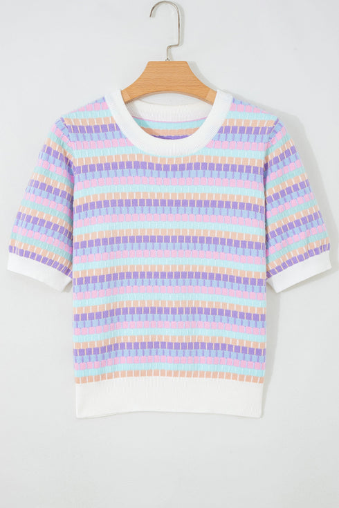 Abstract Print Striped Knit Short Sleeve Sweater