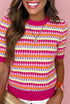 Abstract Print Striped Knit Short Sleeve Sweater