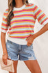 Abstract Print Striped Knit Short Sleeve Sweater