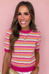 Abstract Print Striped Knit Short Sleeve Sweater