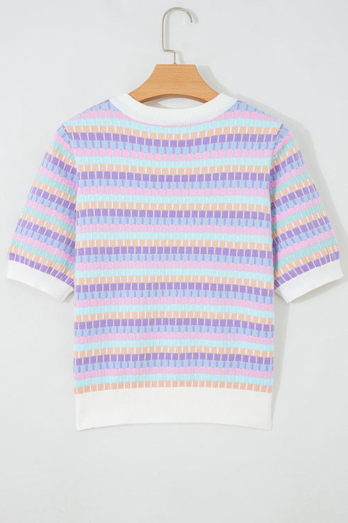 Abstract Print Striped Knit Short Sleeve Sweater