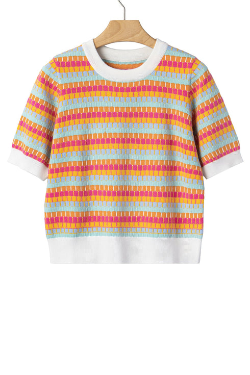 Abstract Print Striped Knit Short Sleeve Sweater