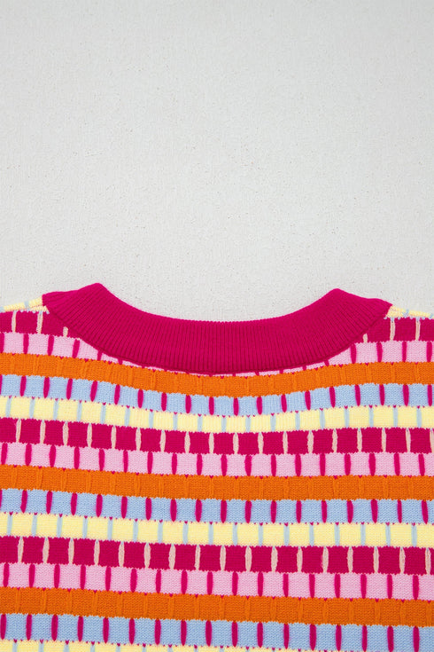 Abstract Print Striped Knit Short Sleeve Sweater