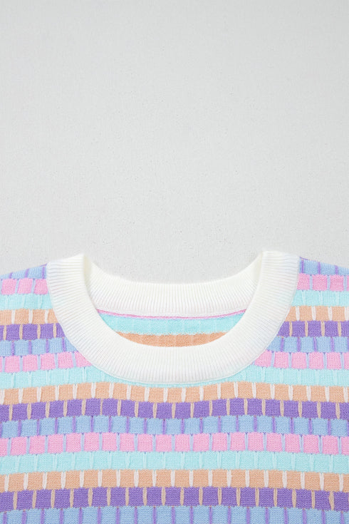 Abstract Print Striped Knit Short Sleeve Sweater