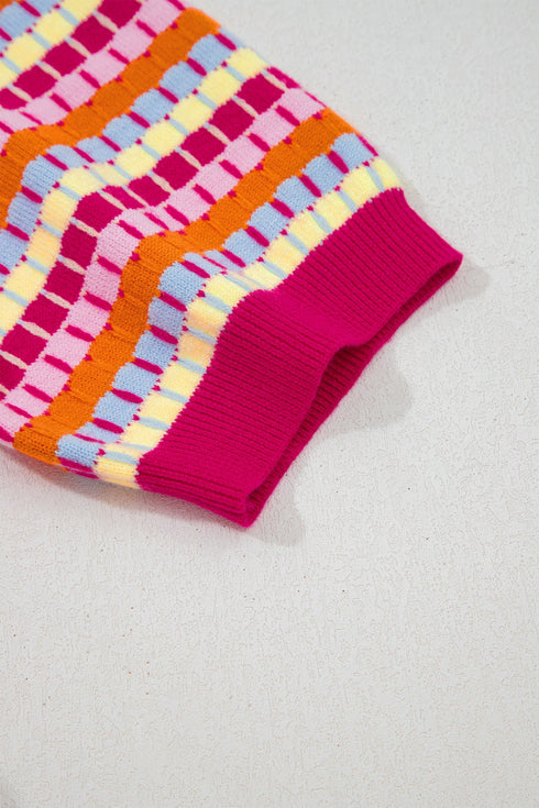 Abstract Print Striped Knit Short Sleeve Sweater