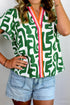 Abstract Print Striped Trim Short Sleeve V Neck Blouse