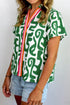 Abstract Print Striped Trim Short Sleeve V Neck Blouse