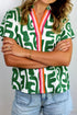 Abstract Print Striped Trim Short Sleeve V Neck Blouse