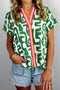 Abstract Print Striped Trim Short Sleeve V Neck Blouse