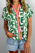 Abstract Print Striped Trim Short Sleeve V Neck Blouse