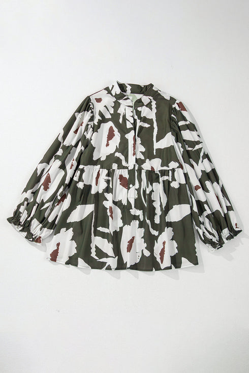Abstract Print Tiered Ruffle Cuff Button Up Blouse