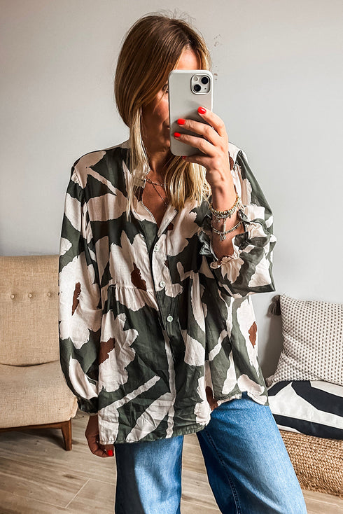 Abstract Print Tiered Ruffle Cuff Button Up Blouse