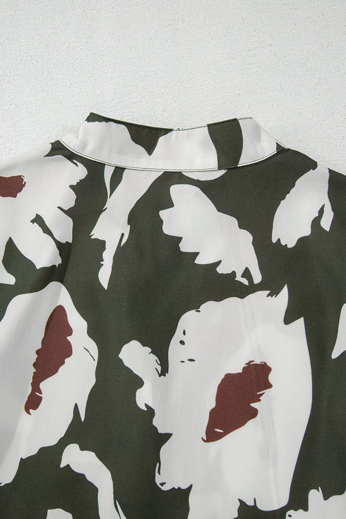 Abstract Print Tiered Ruffle Cuff Button Up Blouse