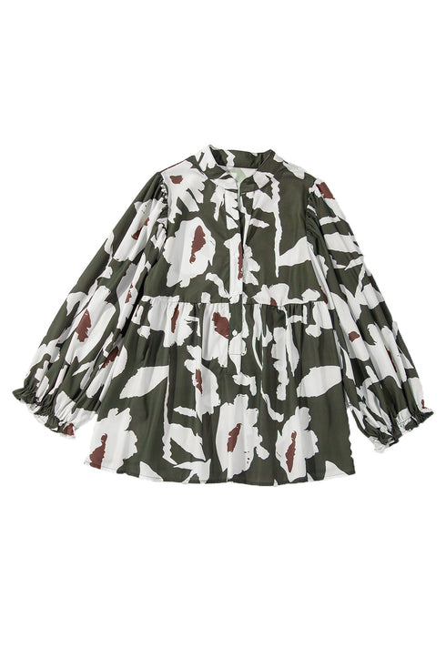Abstract Print Tiered Ruffle Cuff Button Up Blouse