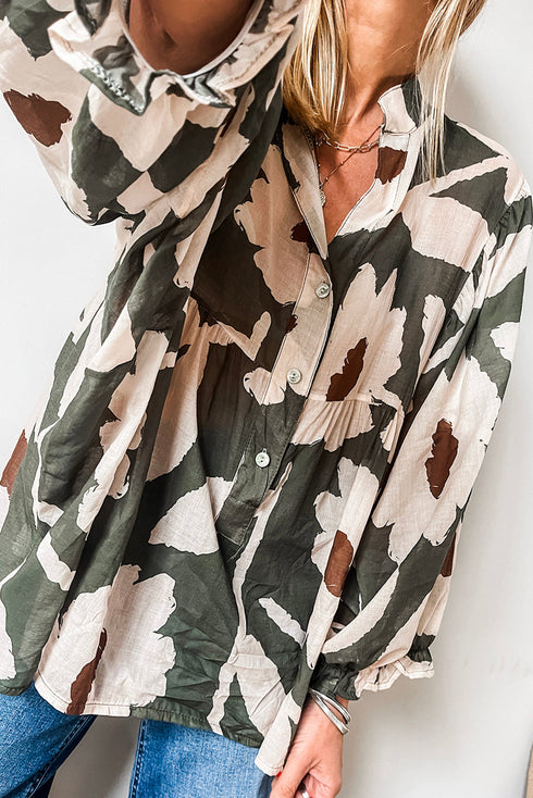 Abstract Print Tiered Ruffle Cuff Button Up Blouse