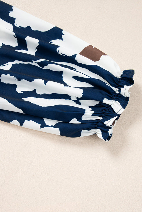 Abstract Print Tiered Ruffle Cuff Button Up Blouse